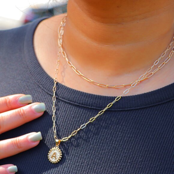 2 LAYER GOLD LETTER INITIAL COIN ROUND/CIRCLE PENDANT DAINTY NECKLACE, ELDM22154 - Picture 3 of 16